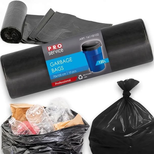 PRO Service Worki Na Śmieci Mocne Czarne Uniwersalne LDPE 120L 10 Sztuk