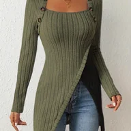 Bluzki damskie - TEMU Elegancka Damska Bluzka z Asymetrycznym Zapięciem na Guziki i Kwadratowym Dekoltem - Długi Rękaw, Kolorowy Top, Pranie w Praniu Maszynowym, - miniaturka - grafika 1