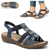 Sandały damskie - Płaskie Sandały Damskie Eleganckie 38 RIEKER Wsuwane Wygodne Granatowe - miniaturka - grafika 1
