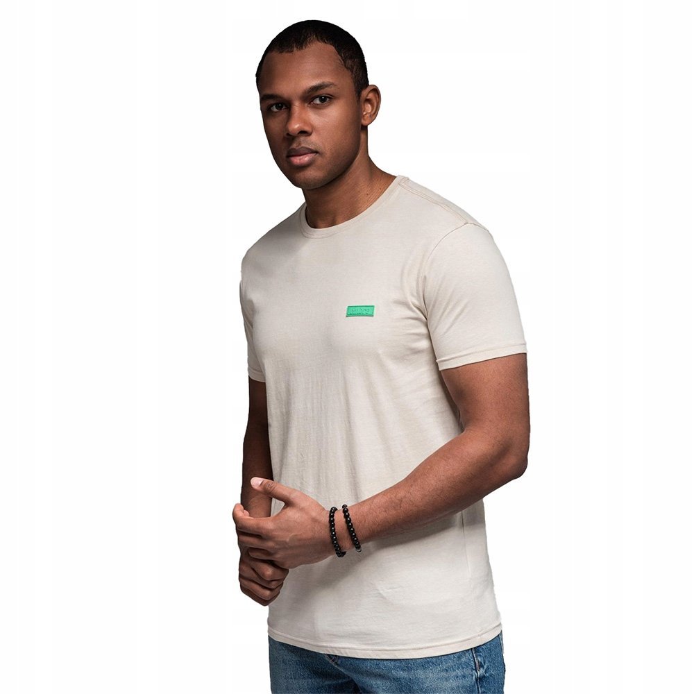 Męski t-shirt bawełniany z naszywką złamana biel Ombre OM-TSCT-0151 V5 M