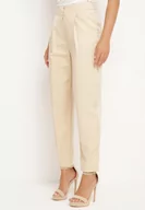 Spodnie damskie - Beżowe Wiskozowe Spodnie Zapinane na Suwak Ozdobione Metaliczną Nicią Nolnesta - miniaturka - grafika 1