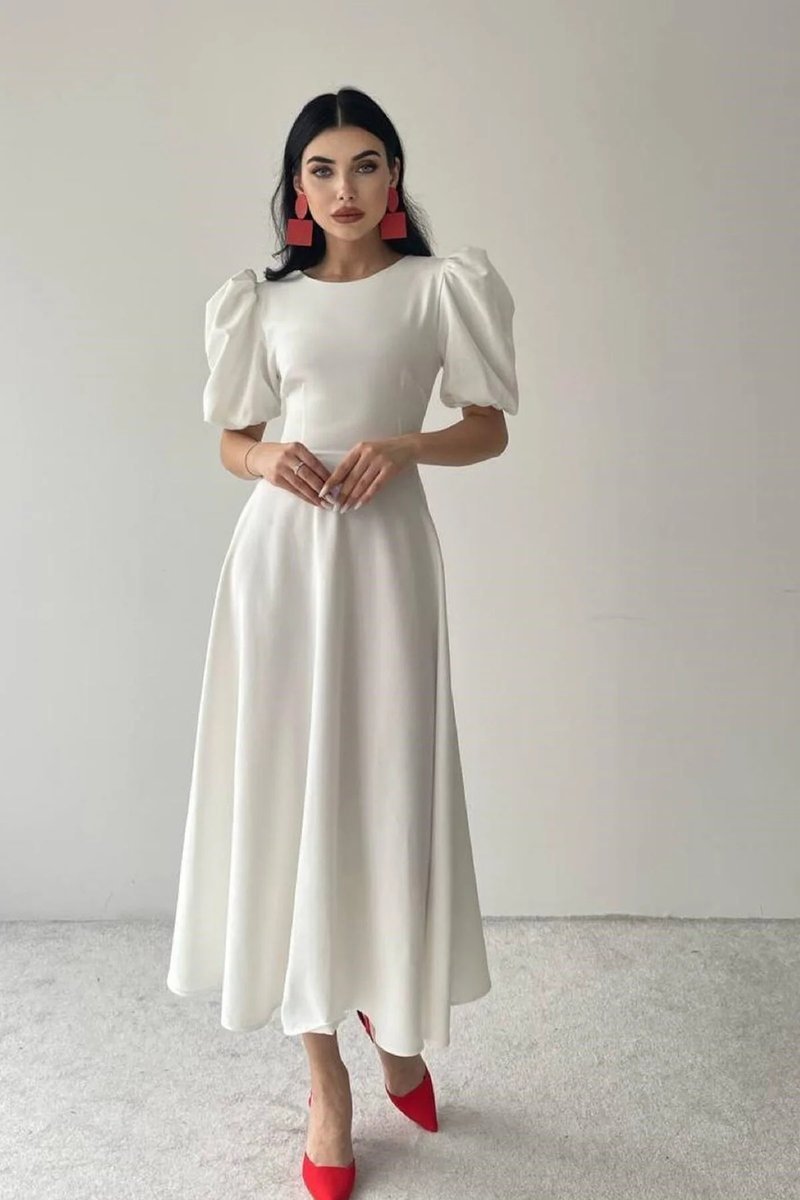 ELEGANCKA SUKIENKA WIECZOROWA Z BUFIASTYMI RĘKAWAMI MIDI L 5GA*