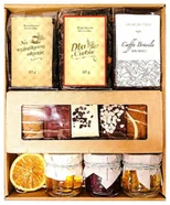 KOSZ PREZENTOWY PREZENT UPOMINEK KAWA HERBATA PIERNIKI MIÓD KONFITURY