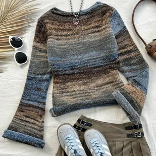 TEMU Elegancki Gradientowy Przędza Flare Długi Rękaw T-Shirt - Okrągły Dekolt, Puszysty Dzianinowy Design, Materiał Viskozowy, Idealny na Każdą Porę - Swetry damskie - miniaturka - grafika 1