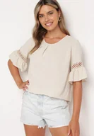 Bluzki damskie - Beżowa Bluzka o Luźnym Kroju z Koronkowymi Wstawkami na Rękawach Lennera - miniaturka - grafika 1