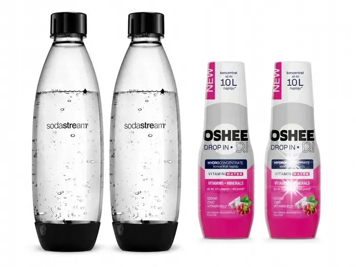 SYROP koncentrat Oshee x2 + BUTELKI DO SATURATORA SodaStream Fuse 1L x2