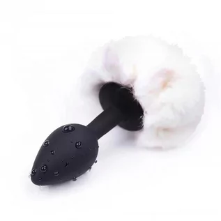 Korki analne - AfterDark Butt Plug with Pompon Black/White Size S - grafika 1