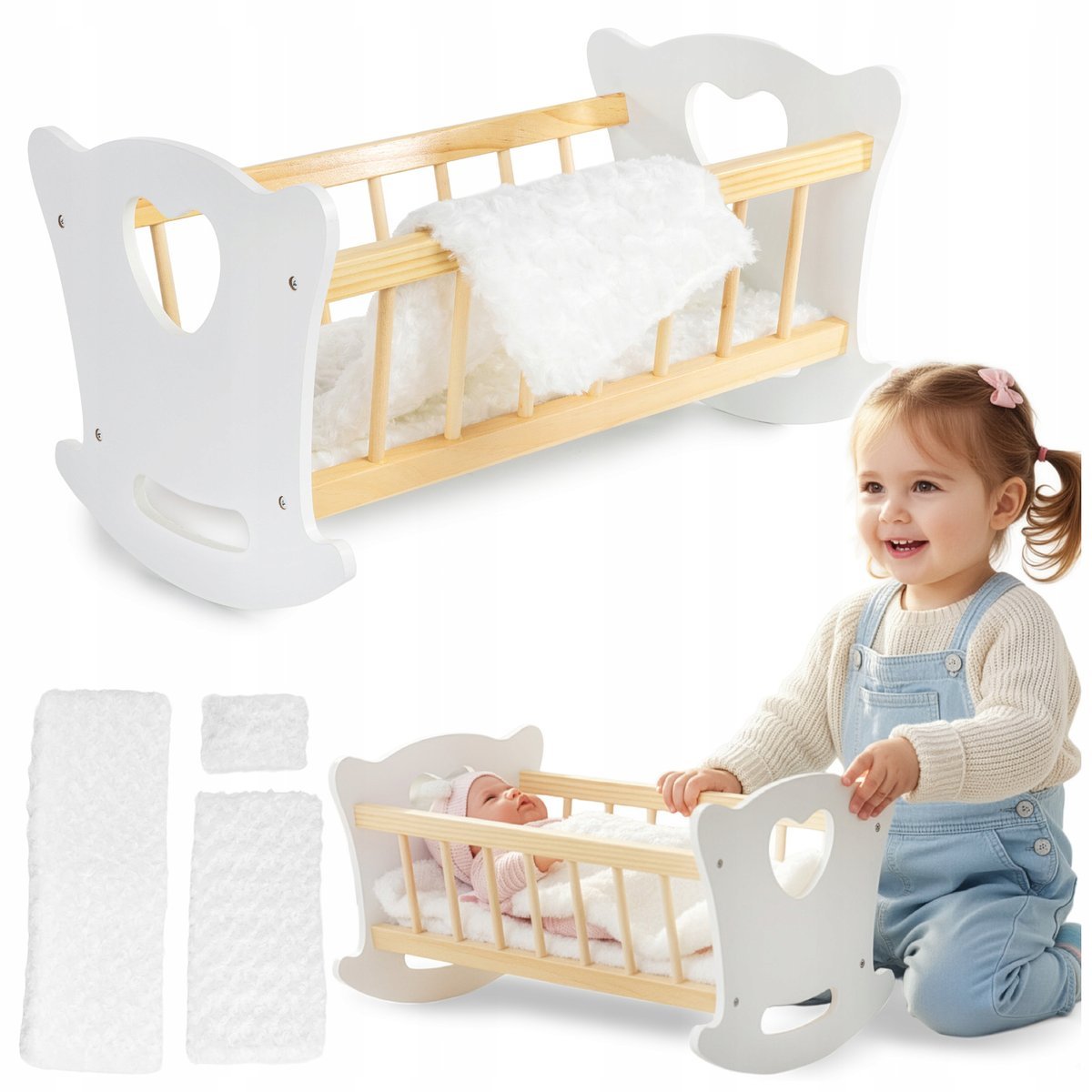 DREWNIANE ŁÓŻECZKO DLA LALKI DUŻA KOŁYSKA POŚCIEL KOŁDERKA KINDERPLAY