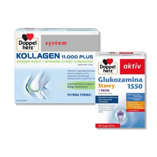 Doppelherz® system KOLLAGEN 11.000 PLUS, 30 ampułek po 25ml + Doppelherz® aktiv Glukozamina 1550 Stawy + MSM, 40 kapsułek ZESTAW - Suplementy diety - miniaturka - grafika 1