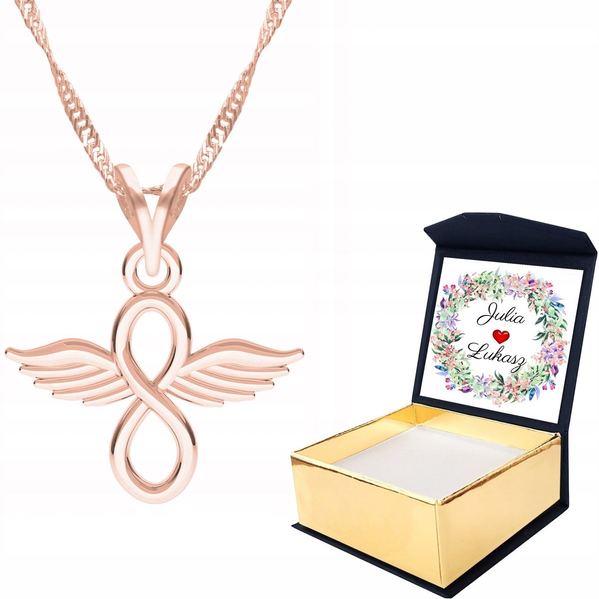 Naszyjnik róż złoto Nieskończoność + WŁASNY NADRUK