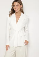 Marynarki i żakiety damskie - Biała Marynarka z Ozdobnym Wiązaniem Lenirin - miniaturka - grafika 1