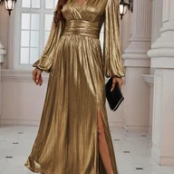 Sukienki - TEMU Damska Niebieska Sukienka Maksymalna w Stylu Syreny z Dekoltem w Serek i Dzwonkowymi Rękawami - Długa Suknia Wieczorowa z Rozcięciem na Śluby, - miniaturka - grafika 1