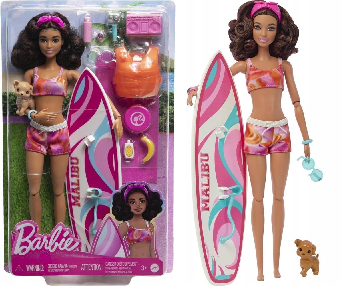 Barbie Lalka Plażowa Zginająca Się + Zestaw Akcesoriów Plażowych Prezent