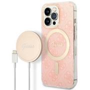 Etui i futerały do telefonów - Guess Zestaw GUBPP13LH4EACSP Case+ Charger iPhone 13 Pro różowy/pink hard case 4G Print MagSafe - miniaturka - grafika 1