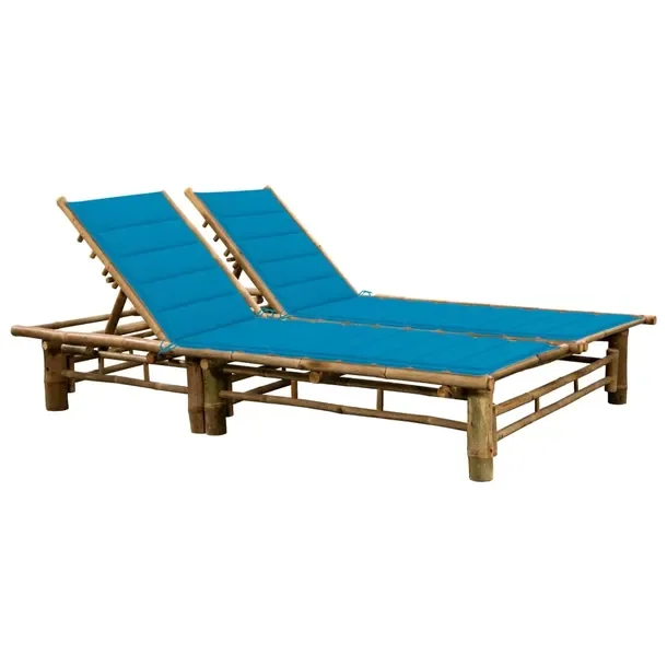 Leżak 2-osobowy z bambusa z niebieskimi poduszkami 200 x 130 x (24-87) cm