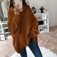 Swetry damskie - Sweter damski oversize z golfem - Brązowy - miniaturka - grafika 1