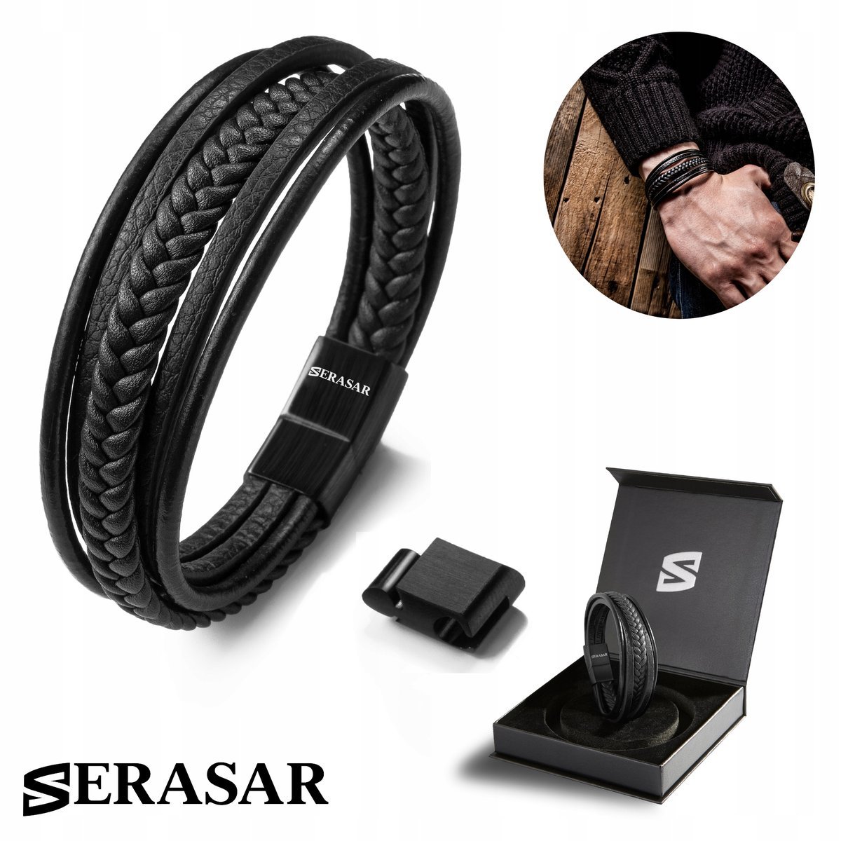 SERASAR męska bransoletka ze skóry naturalnej [Braid] - czarna 25 cm - z zapięciem magnetycznym - modna bransoletka - idealny prezent dla męża lub c..