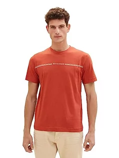 Koszulki męskie - T-shirt męski TOM TAILOR z nadrukiem w paski i logo, 14302-aksamitna czerwień, M - grafika 1