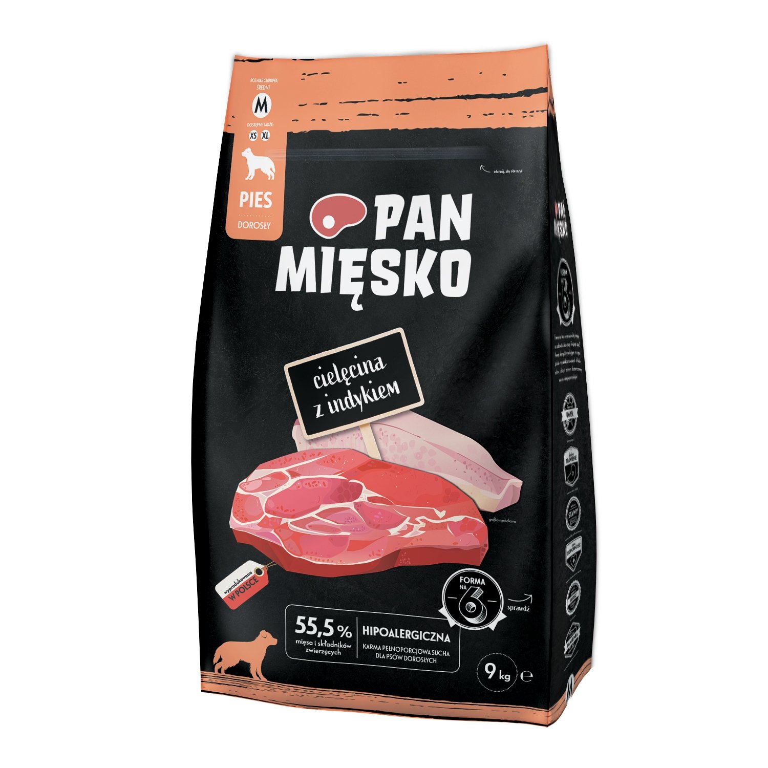 Pan Mięsko Karma sucha dla psa - cielęcina i indyk chrupki M 9kg