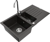 Zlewozmywaki z baterią - Mexen Matias zlewozmywak granitowy 1,5-komorowy z ociekaczem i baterią kuchenną Telma, czarny/złoty - 6502-75-670200-00 - miniaturka - grafika 1