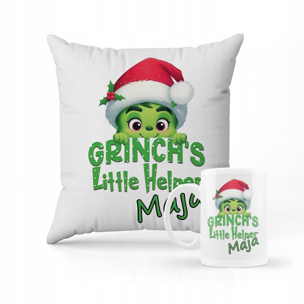 ZESTAW PODUSZKA + KUBEK Grinch święta + IMIĘ