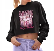 Bluzy damskie - Bluza Damska Czarna Krótka Z Kapturem BLACK PINK Crop Hit KPOP - Rozmiar S - miniaturka - grafika 1