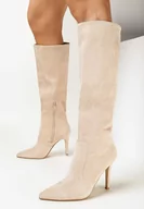 Kozaki damskie - Beżowe Kozaki na Szpilce ze Szpiczastym Noskiem Velvita - miniaturka - grafika 1