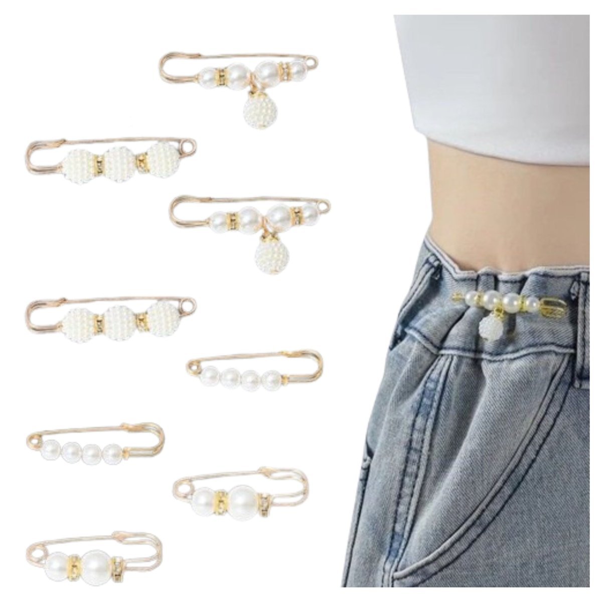 Broszka Złota Zestaw 8 Sztuk z Koralikami Ozdobna Agrafka Lekka Elegancka