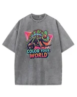 Koszulki i topy damskie - Koszulka oversize efekt sprania Kolorowy Kameleon szary L - miniaturka - grafika 1