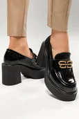 Mokasyny damskie - Czarne mokasyny skórzane damskie lakierowane na szerokim klocku złota ozdoba PRODUKT POLSKI Casu 20170-NO-37 - miniaturka - grafika 1