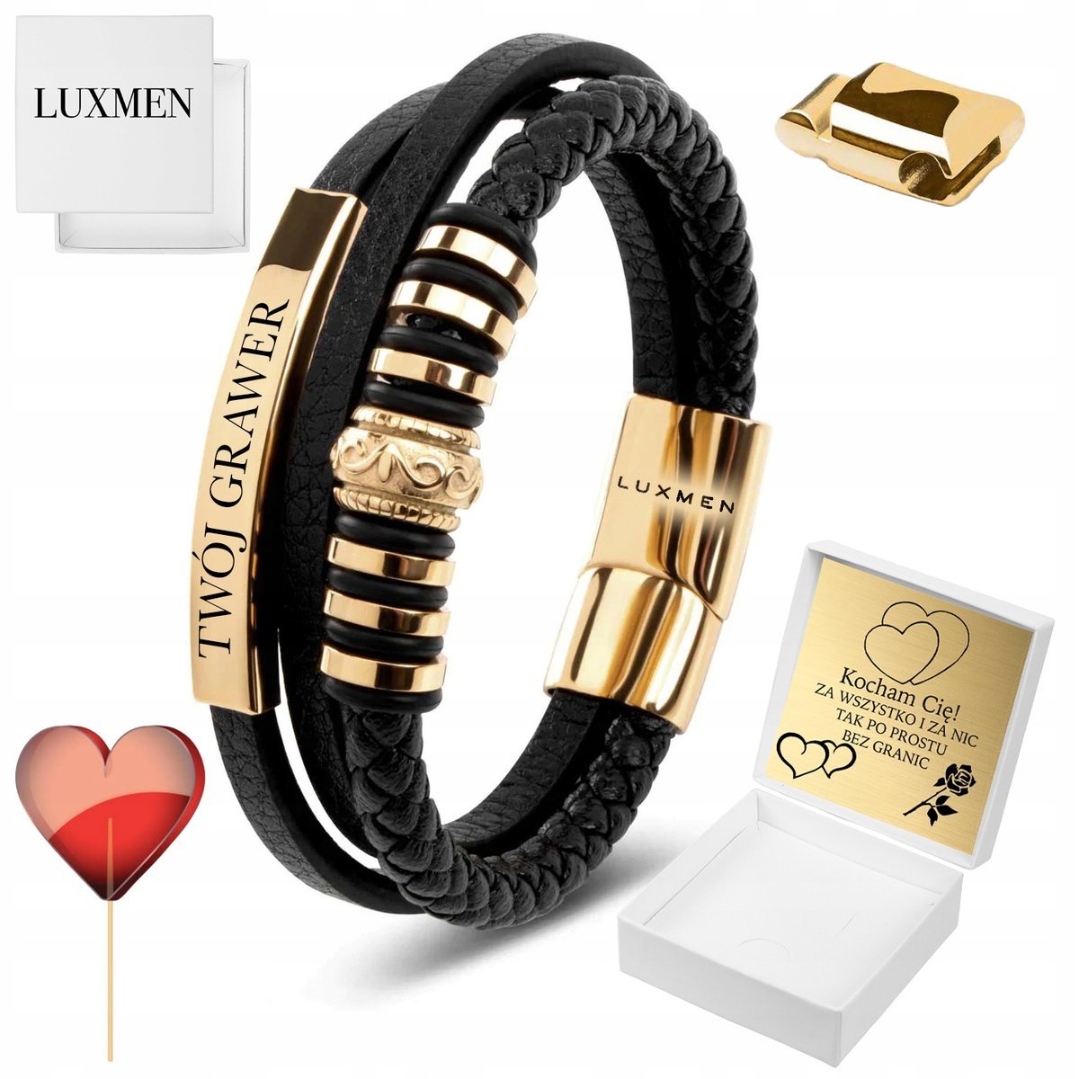 Bransoletka Męska Skórzana Z Grawerem Pozłacana Grawer Regulowana