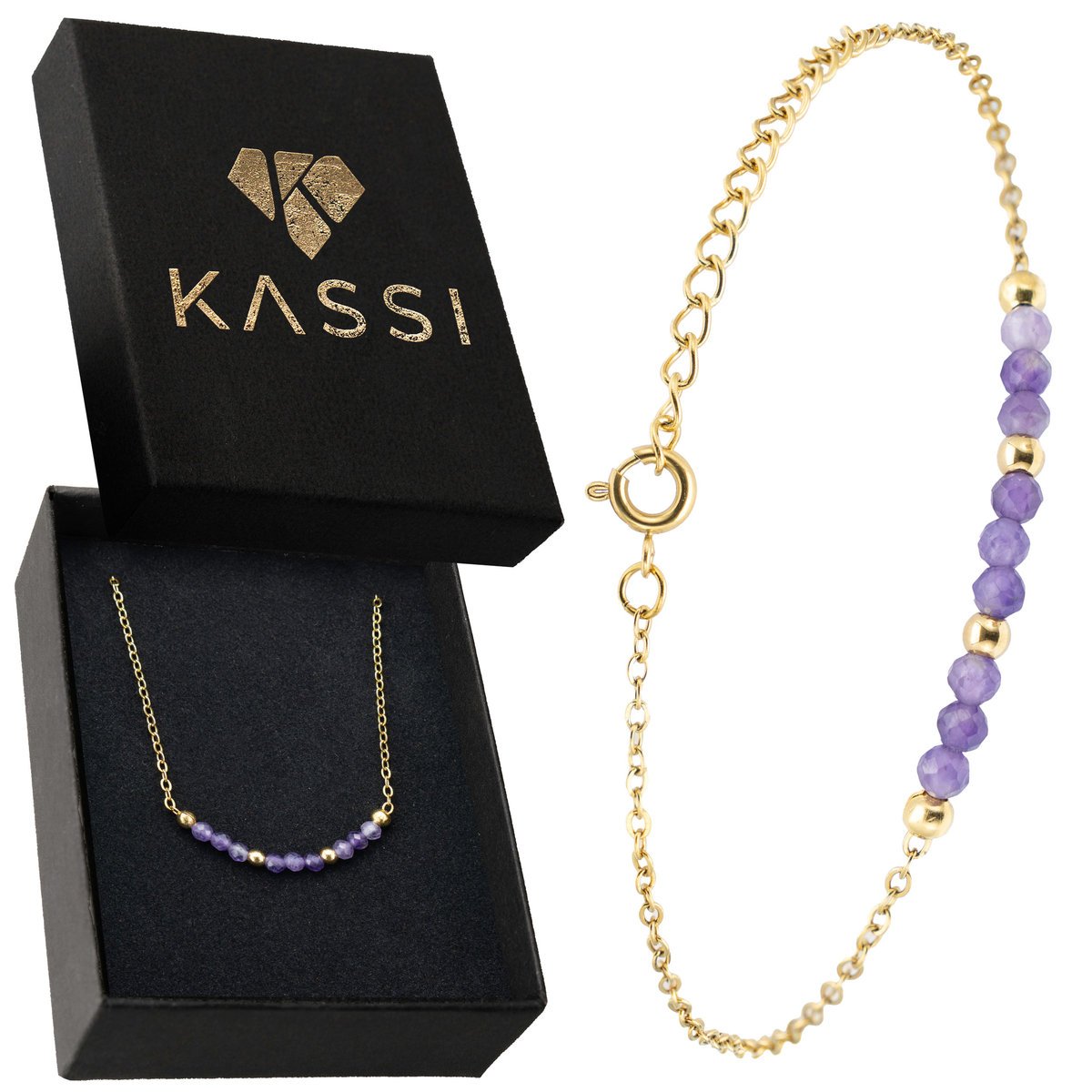 Złota bransoletka z ametystem pozłacana stal chirurgiczna z magią fioletu