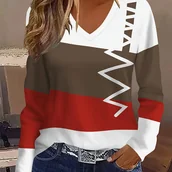 Bluzki damskie - TEMU Modna Elegancka Casual Wakacyjna Abstrakcyjna Malowanie Kolorowe Bloki Geometryczne Paski Pełny Nadruk Oddychający 2D Nadruk V-Neck Długi Rękaw - miniaturka - grafika 1