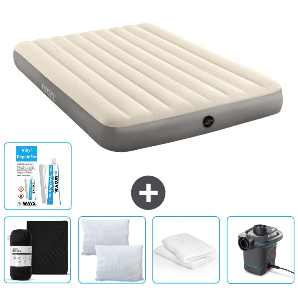 Łóżko powietrzne Intex - 2 osoby - 152 x 203 x 25 cm - beżowe - w zestawie prześcieradło - pocałunek - pompka - zestaw naprawczy en ochraniacz na poduszkę