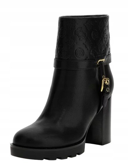 GUESS CZARNE BOTKI NA SŁUPKU Z TŁOCZONYM WZOREM I KLAMRĄ 38 GNA