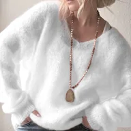 Swetry damskie - TEMU Damski Sweter z Długim Rękawem i Dekoltem w Serek - Miękki, Luźny, Stylowy i Casualowy Top - miniaturka - grafika 1