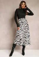Spódnice - Czarna Satynowa Spódnica Ozdobiona Abstrakcyjnym Wzorem w Paski Zebry Pintea - miniaturka - grafika 1