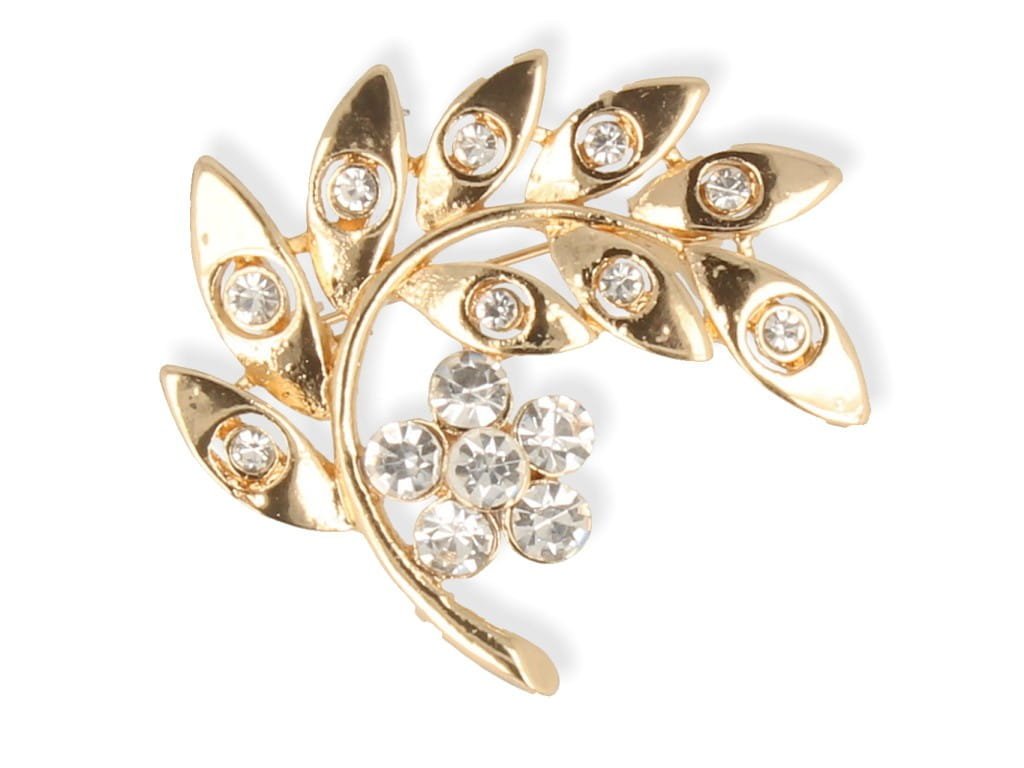 Broszka agrafka złoty listek z cyrkoniami