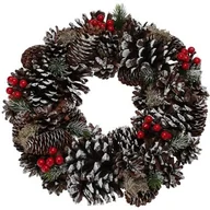 Ozdoby bożonarodzeniowe - CHRISTMAS DECORATION, WIANEK DEKORACYJNY 33CM ZDOBIONY SZYSZKAMI OŚNIEŻONY - miniaturka - grafika 1