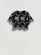 Bluzki damskie - Reserved - Wzorzysta bluzka z haftem - czarny - miniaturka - grafika 1