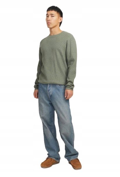 JACK & JONES ZIELONY SWETER MĘSKI MELANŻ OKRĄGŁY DEKOLT L JQA