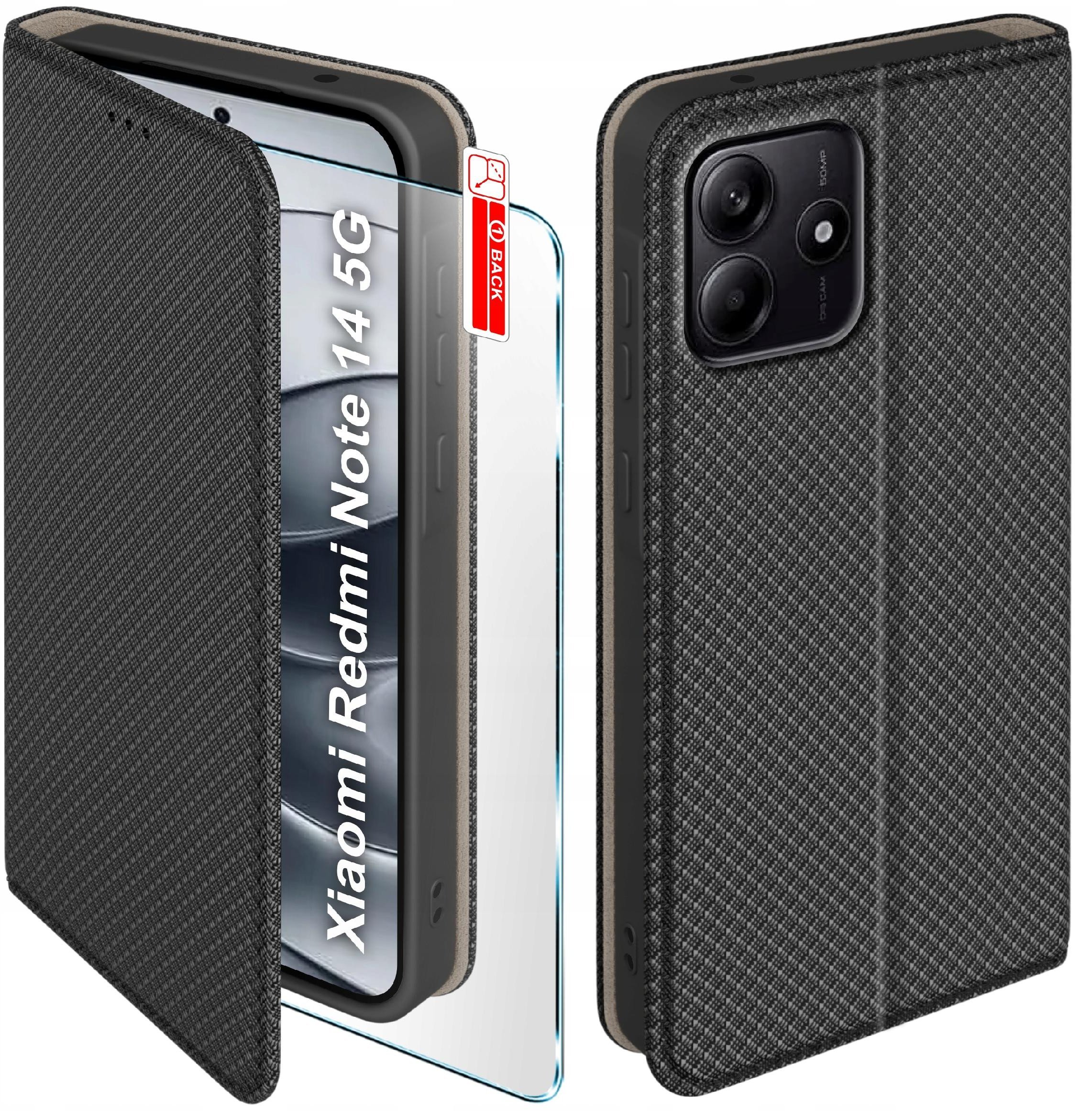 Etui z klapką do Xiaomi Redmi Note 14 5G Zamykane Czarne Futerał + Szkło 9H