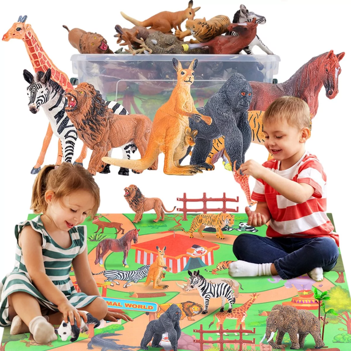 Zestaw Duże Figurki Zwierzęta 12 Szt Zoo Safari Mata Akcesoria Lew Słoń Koń