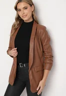 Marynarki i żakiety damskie - Brązowa Marynarka z Imitacji Skóry Niezapinana z Marszczonym Rękawem Libe - miniaturka - grafika 1