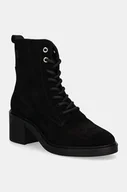 Botki damskie - Tommy Hilfiger botki zamszowe SUEDE MID HEEL LACEUP LOGOTAPE damskie kolor czarny na słupku FW0FW08090 - miniaturka - grafika 1
