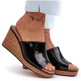 Klapki Damskie Lakierowane Na Koturnie Sergio Leone KL213 Czarne - Klapki i japonki damskie - miniaturka - grafika 1