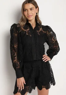 Czarny Komplet z Bawełną Koszula i Szorty Ozdobione Ażurowym Wzorem Zeralea - Komplety damskie - miniaturka - grafika 1