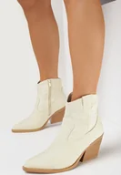 Botki damskie - Beżowe Kozaki Kowbojki na Ściętym Słupku Meshia - miniaturka - grafika 1