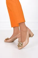 Czółenka - Beżowe czółenka skórzane na klocku z odkrytą piętą kryształki PRODUKT POLSKI Casu 2498-35 - miniaturka - grafika 1