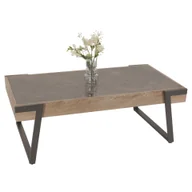 Ławy i stoliki kawowe - Stolik kawowy HWC-L89, stolik rozkładany do salonu, żelazny 43x120x64cm spiekany kamień o wyglądzie marmuru szare drewno szaro-brązowy - miniaturka - grafika 1